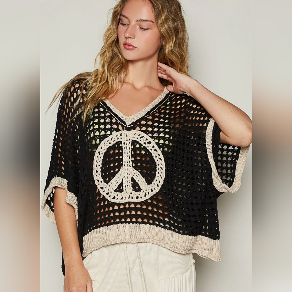 NEW POL Open Crochet Oversized Peace Sign Sweater ~ Small, Med & Lg Available